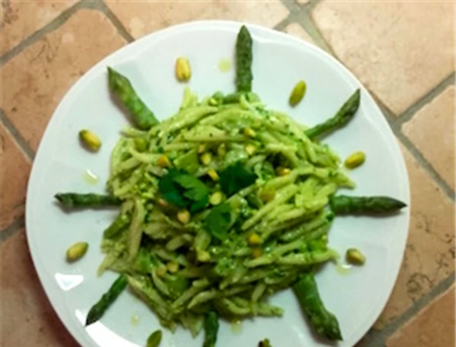 Trofie pasta with pistachio and asparagus pesto