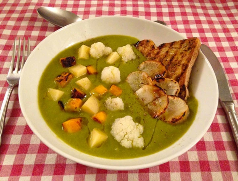 Soup of turnip tops and Brussels sprouts