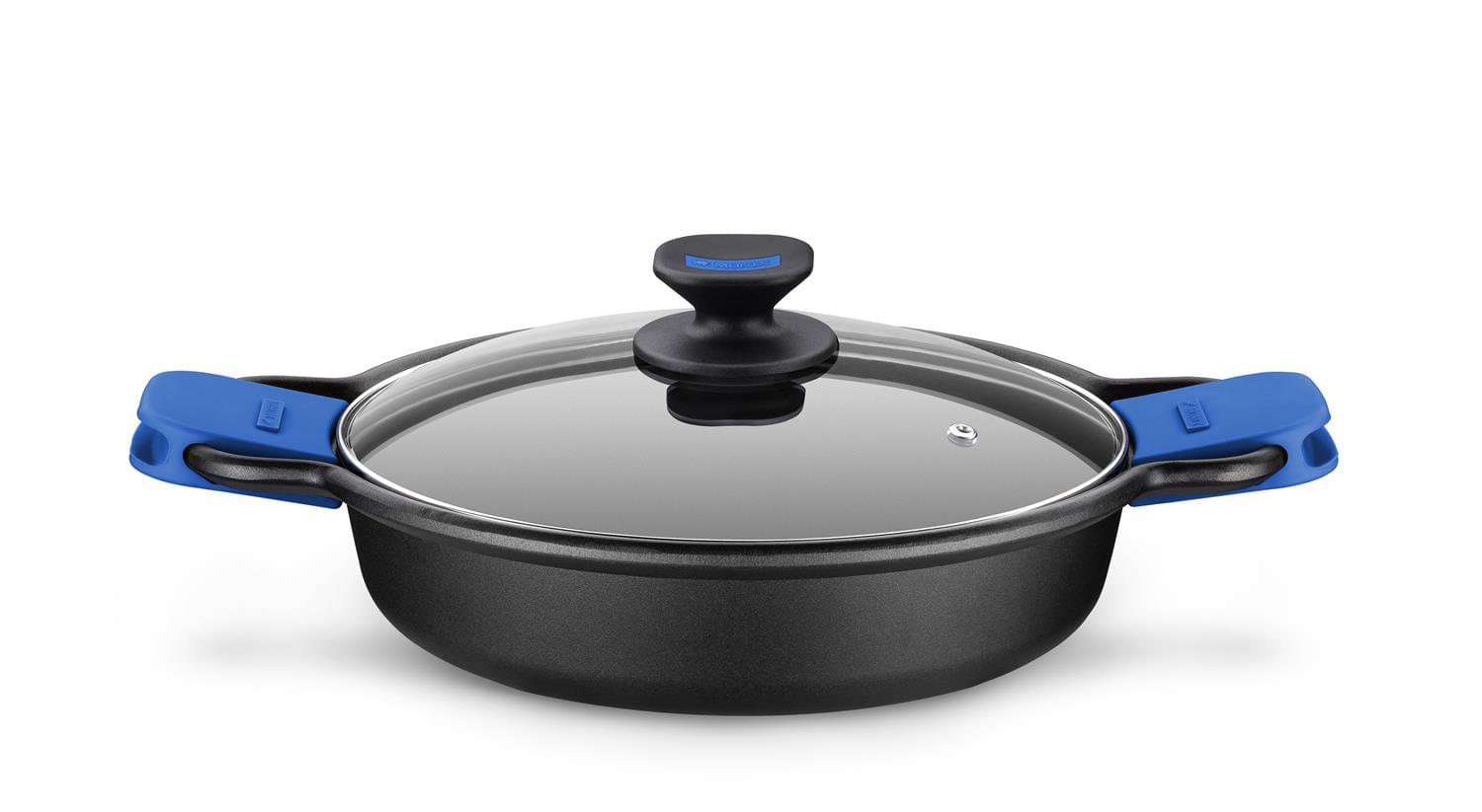 Low saucepan in die-cast aluminum non-stick for induction with lid and pot holders, Solid + line, diam. 28cm