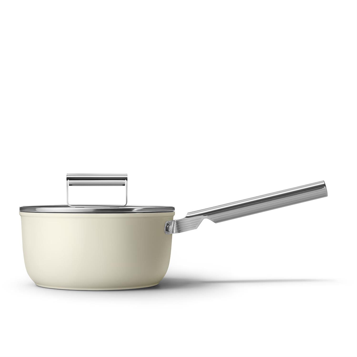 Casseruola un manico in alluminio antiaderente con coperchio, Crema Smeg Cookware, diam. 20cm