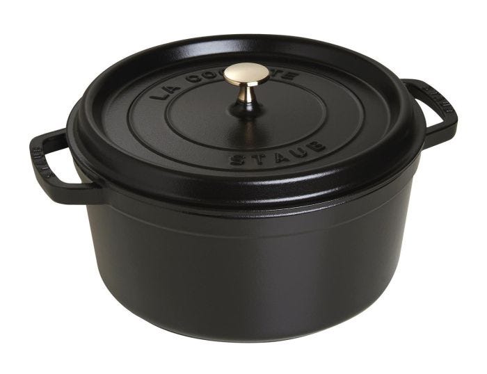 Casseruola tonda in ghisa per induzione colore nero con maniglie e coperchio,  diam. 30cm