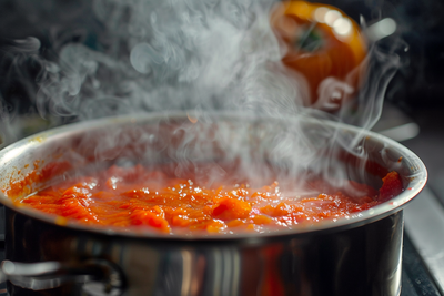 pentola fumante con sugo di pomodoro in cottura