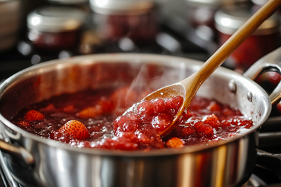 pentola in acciaio con marmellata in cottura